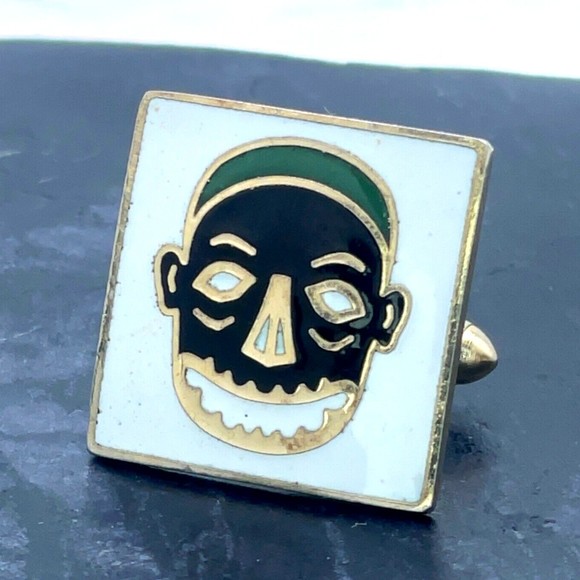 Vintage Swank Tribal Mask White Black Green Enamel Gold Bullet Back Cufflinks - Picture 7 of 9